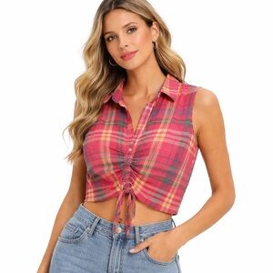 Pink Plaid Cropped Top Sleeveless Size Large